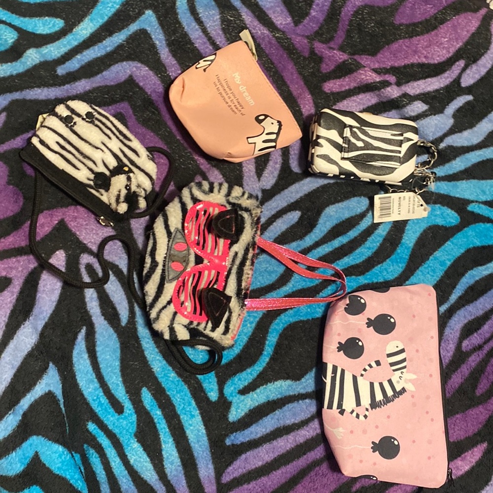Zebra cosmetics bags, case sunglasses, etc